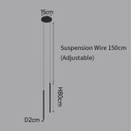 Diagram showing a Pendant Light with a 15cm ceiling mount, 150cm adjustable suspension wire, fixture height of 80cm, and base diameter of 2cm, against a gray background.