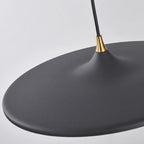 A close-up of a modern pendant light features a smooth, matte black shade and a gold accent near the top, hanging from a black cord against a plain light background.