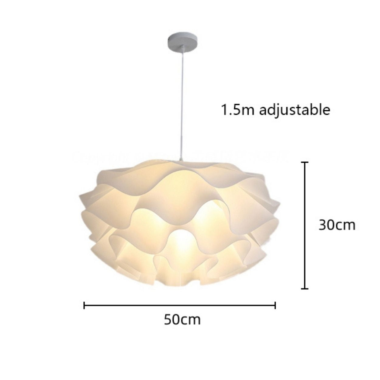 A white, wavy pendant light hangs from the ceiling. The lamp is 50 cm wide and 30 cm tall, with a 1.5 m adjustable cord. Soft light glows through its layered design, adding elegance to any space.