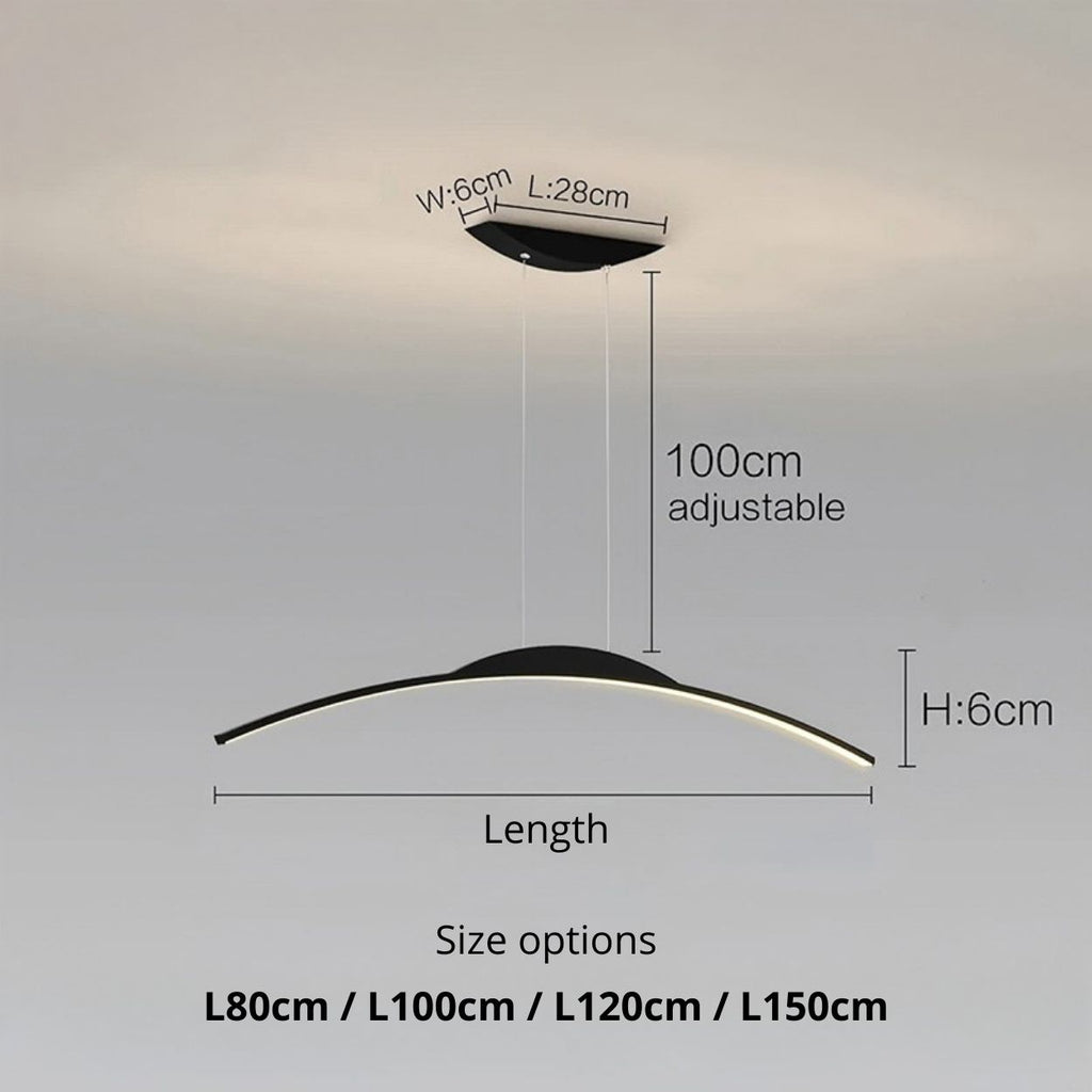 Minimalist modern pendant light fixture with a curved black design. The image displays dimensions: width 6cm, length options from 80cm to 150cm, height 6cm, and an adjustable hanging length up to 100cm—ideal as a stylish pendant light.