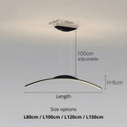 Minimalist modern pendant light fixture with a curved black design. The image displays dimensions: width 6cm, length options from 80cm to 150cm, height 6cm, and an adjustable hanging length up to 100cm—ideal as a stylish pendant light.