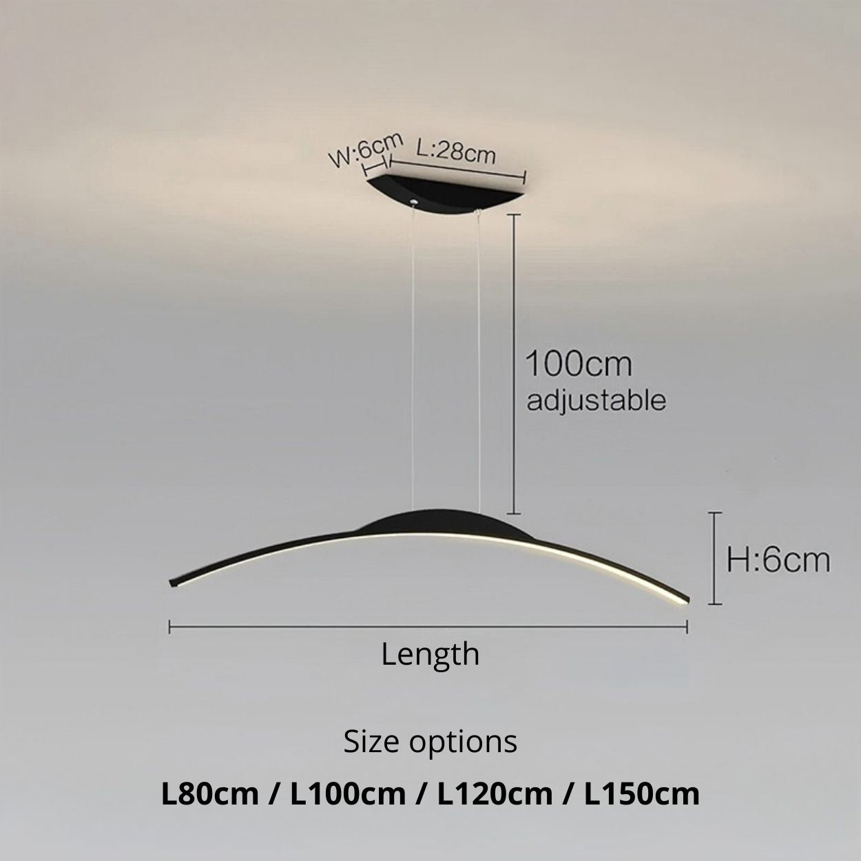 Minimalist modern pendant light fixture with a curved black design. The image displays dimensions: width 6cm, length options from 80cm to 150cm, height 6cm, and an adjustable hanging length up to 100cm—ideal as a stylish pendant light.