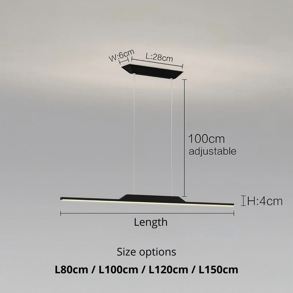 Modern rectangular pendant light with an adjustable 100cm hanging length, 4cm height, and 6cm width. This sleek pendant light is available in four lengths: 80cm, 100cm, 120cm, and 150cm, suspended elegantly by two thin cables.