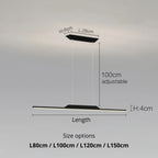 Modern rectangular pendant light with an adjustable 100cm hanging length, 4cm height, and 6cm width. This sleek pendant light is available in four lengths: 80cm, 100cm, 120cm, and 150cm, suspended elegantly by two thin cables.