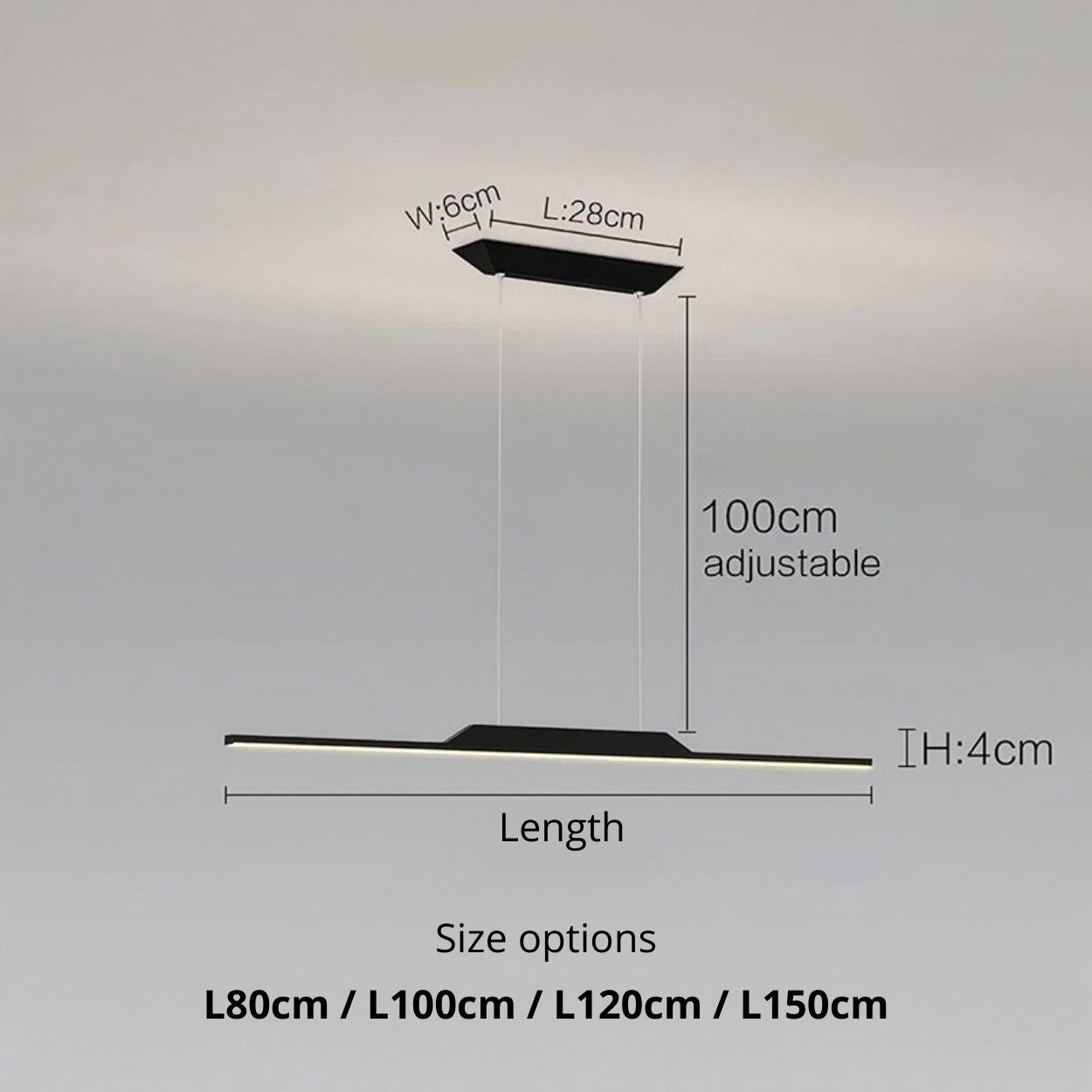 Modern rectangular pendant light with an adjustable 100cm hanging length, 4cm height, and 6cm width. This sleek pendant light is available in four lengths: 80cm, 100cm, 120cm, and 150cm, suspended elegantly by two thin cables.