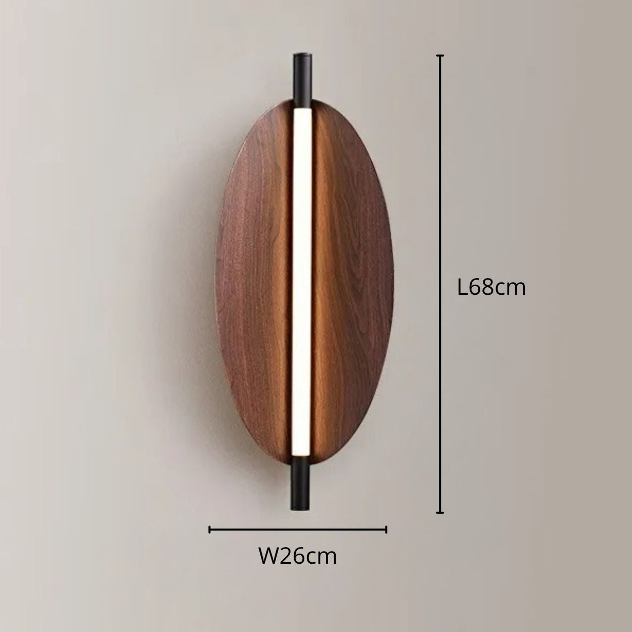 A modern Wall Light with a vertical wooden oval backplate, featuring a central white light bar and black metal ends; dimensions shown as 68cm tall and 26cm wide.