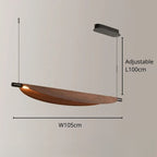 Modern wooden chandelier pendant light with a curved, boat-like design, suspended by two wires from a black ceiling mount. Dimensions shown: adjustable length up to 100 cm, width 105 cm.