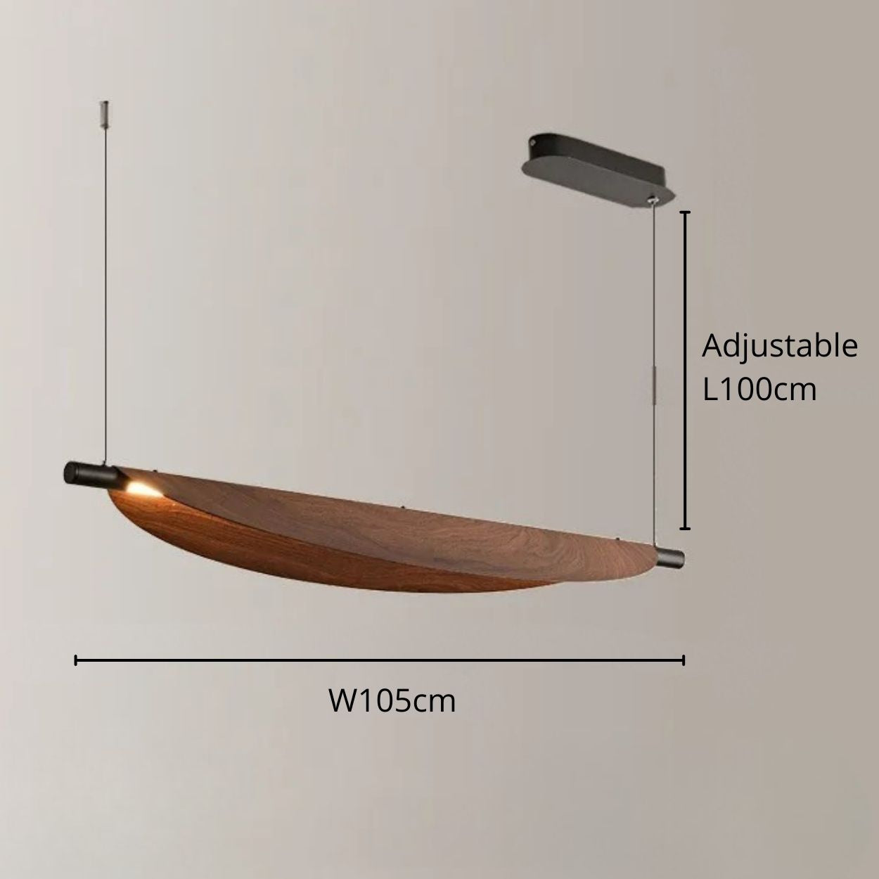 Modern wooden chandelier pendant light with a curved, boat-like design, suspended by two wires from a black ceiling mount. Dimensions shown: adjustable length up to 100 cm, width 105 cm.