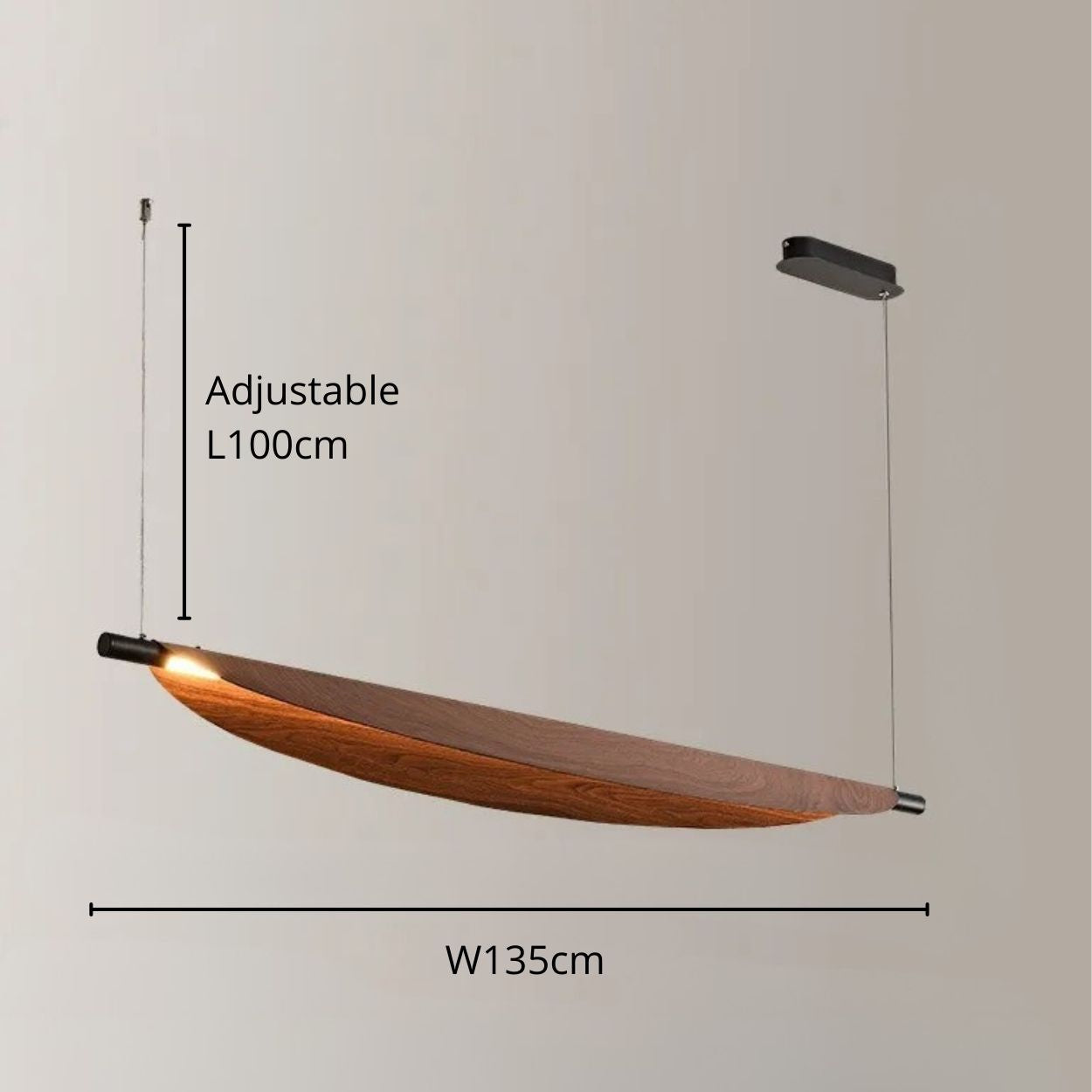 A modern wooden chandelier pendant light with a curved design, suspended by two adjustable wires (up to 100cm). The fixture, 135cm wide, features a light source at one end that beautifully illuminates the wood.