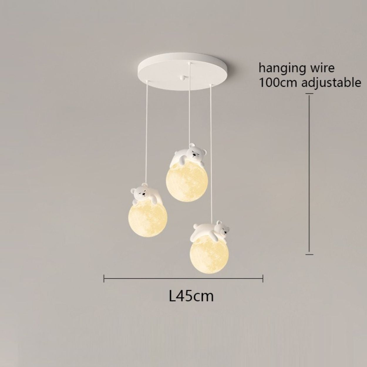 This charming pendant light features three spherical lamps, each accented with a cute white bear figure. With a 100 cm adjustable hanging wire and a total width of 45 cm, it’s perfect for adding playful style to any space.