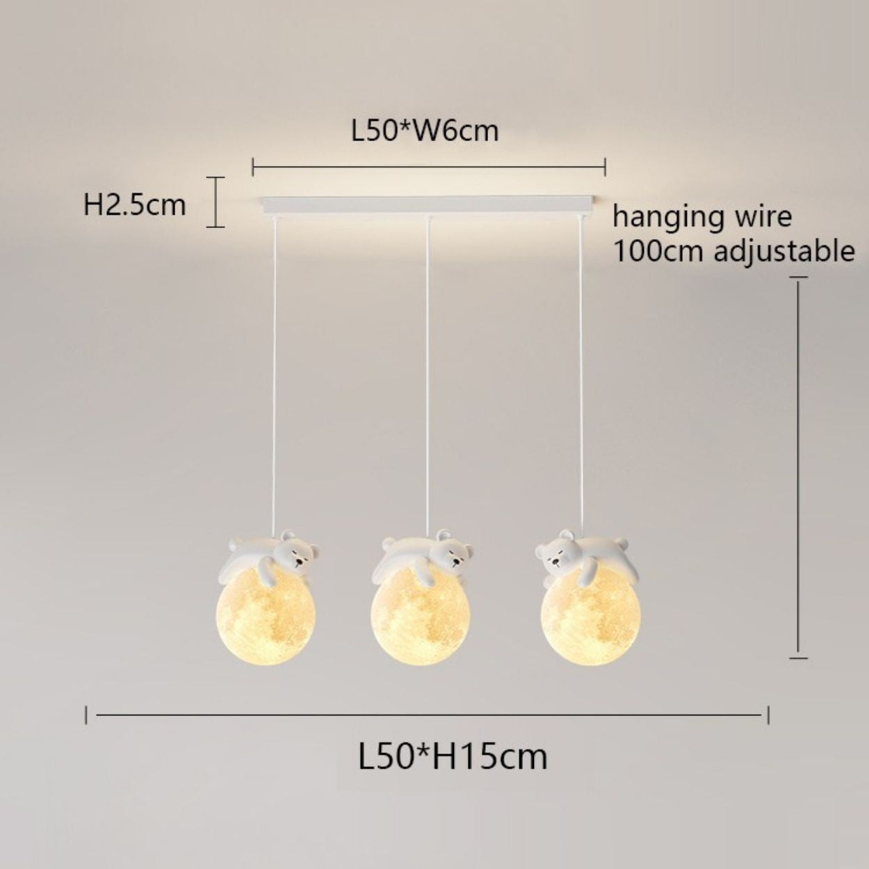 Three pendant lights shaped like glowing moons, each with a small bear figure hugging the top. These charming pendant lights hang from a rectangular ceiling mount, with dimensions and adjustable hanging wire measurements provided.