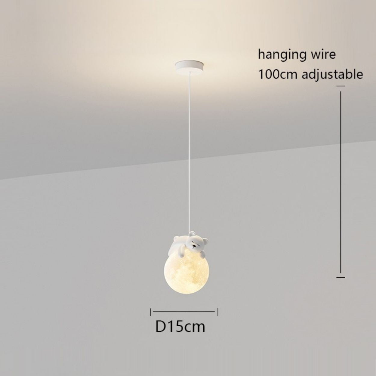 This pendant light features a glowing spherical shade with a small bear figure on top. With a 15cm diameter and an adjustable 100cm wire, it’s perfect for adding playful charm to any room.