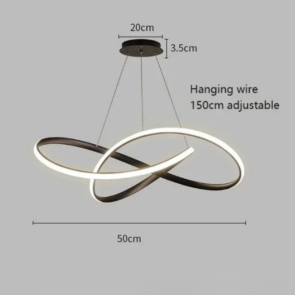 Modern LED pendant light with two interlocking oval rings, suspended by adjustable hanging wires from a round ceiling mount. Dimensions: 50cm wide, 20cm pendant light base, 3.5cm base height, 150cm adjustable wire.