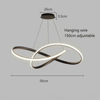 Modern LED pendant light with two interlocking oval rings, suspended by adjustable hanging wires from a round ceiling mount. Dimensions: 50cm wide, 20cm pendant light base, 3.5cm base height, 150cm adjustable wire.