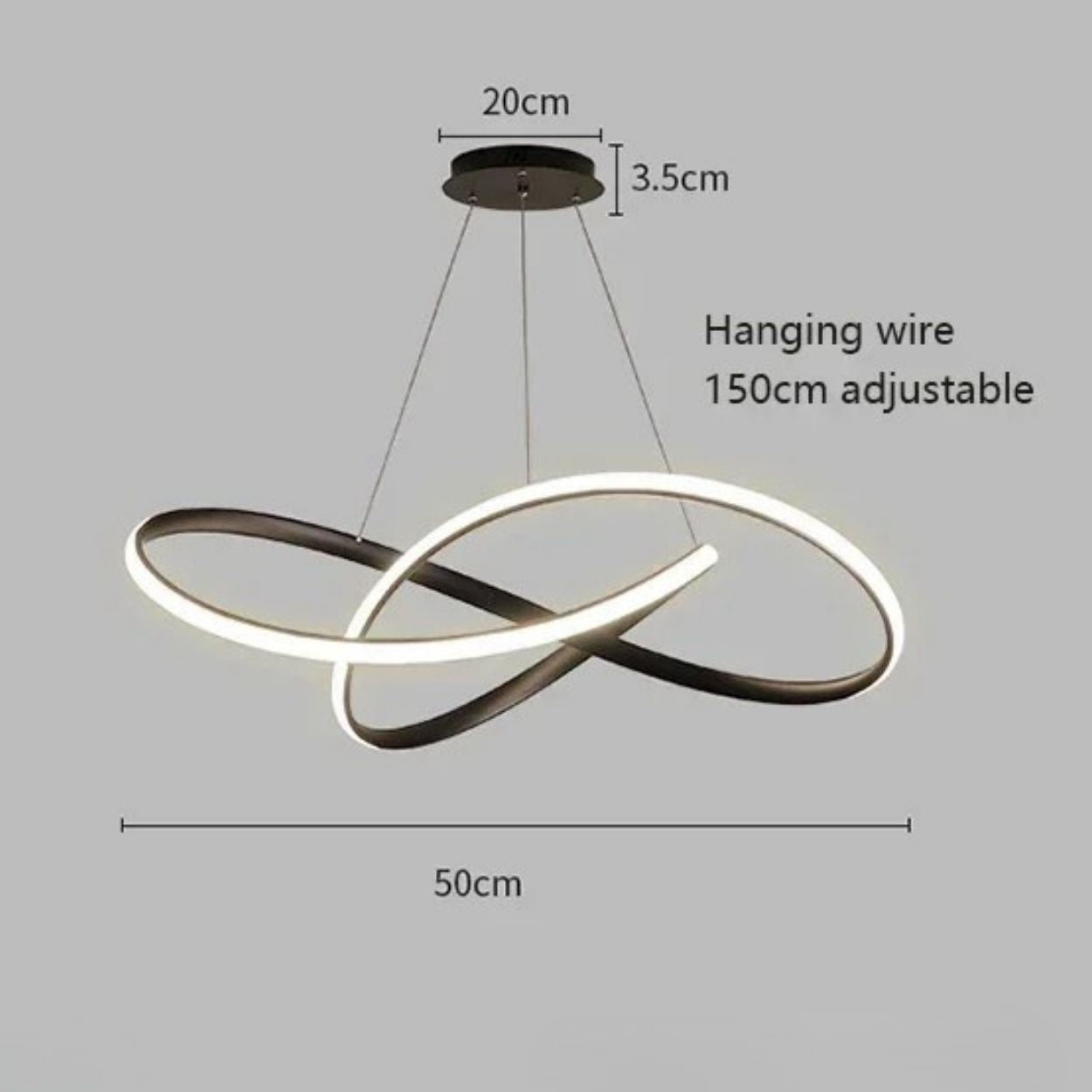 Modern LED pendant light with two interlocking oval rings, suspended by adjustable hanging wires from a round ceiling mount. Dimensions: 50cm wide, 20cm pendant light base, 3.5cm base height, 150cm adjustable wire.