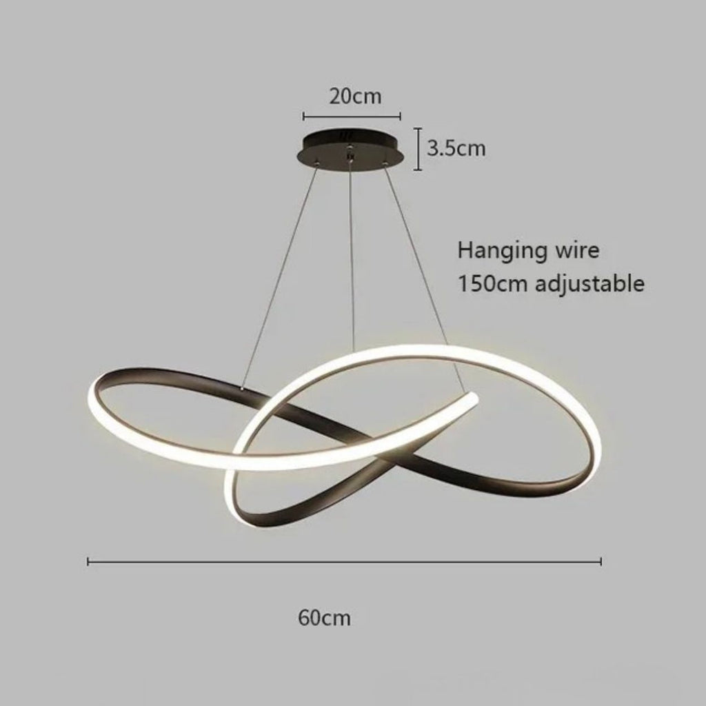 Modern pendant light with two interlocking rings, one illuminated, suspended from a ceiling mount. This striking pendant light measures 20cm wide, 3.5cm thick, 60cm long, and features a 150cm adjustable hanging wire.