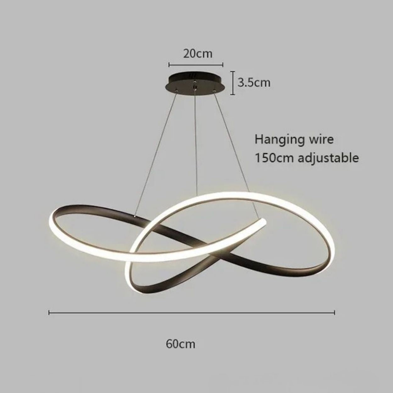 Modern pendant light with two interlocking rings, one illuminated, suspended from a ceiling mount. This striking pendant light measures 20cm wide, 3.5cm thick, 60cm long, and features a 150cm adjustable hanging wire.