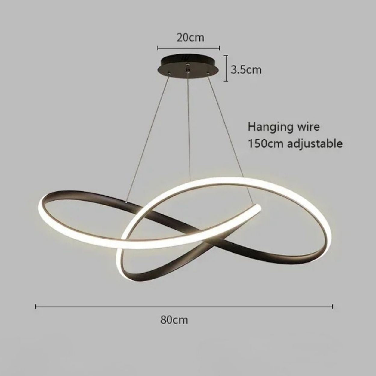 Modern LED pendant light with two intertwined oval rings, suspended by adjustable hanging wires from a round ceiling mount; this elegant pendant light measures 80cm wide, 20cm from ceiling base, and has a 3.5cm mount depth.