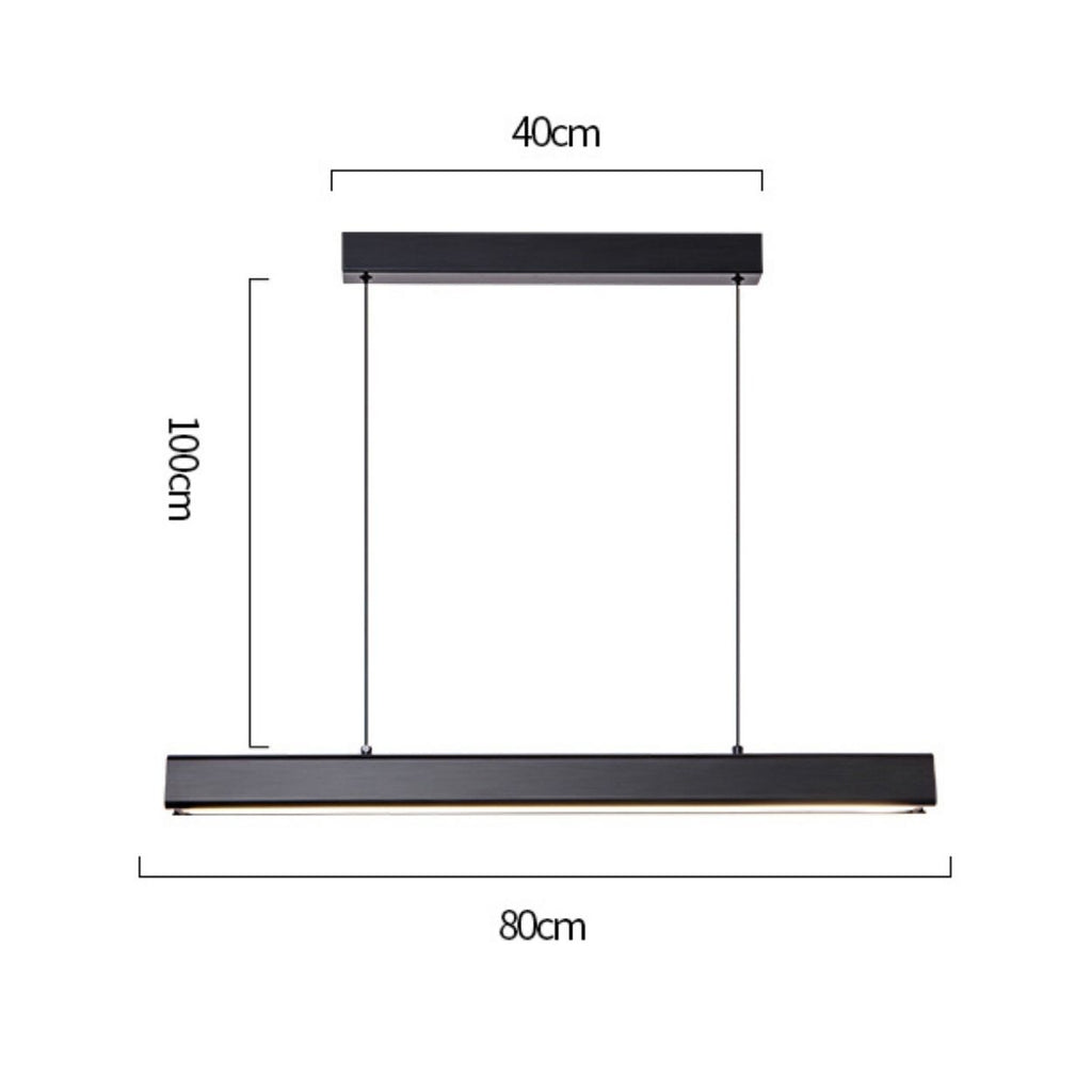 Minimalist black pendant light fixture with a 40 cm wide ceiling mount, 100 cm drop length, and 80 cm wide bar, shown against a white background with measurement lines, and glass sliding doors on the left.