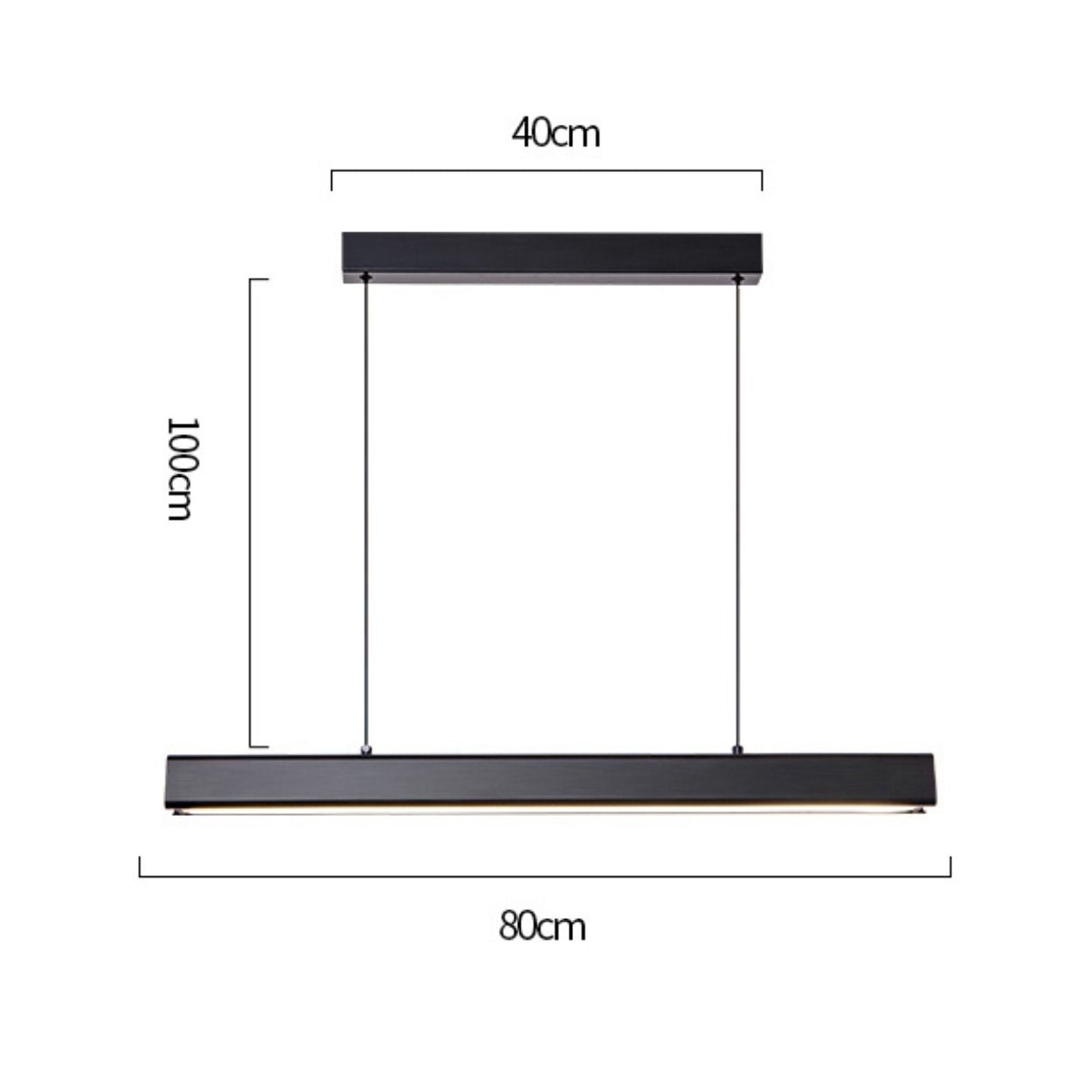 Minimalist black pendant light fixture with a 40 cm wide ceiling mount, 100 cm drop length, and 80 cm wide bar, shown against a white background with measurement lines, and glass sliding doors on the left.