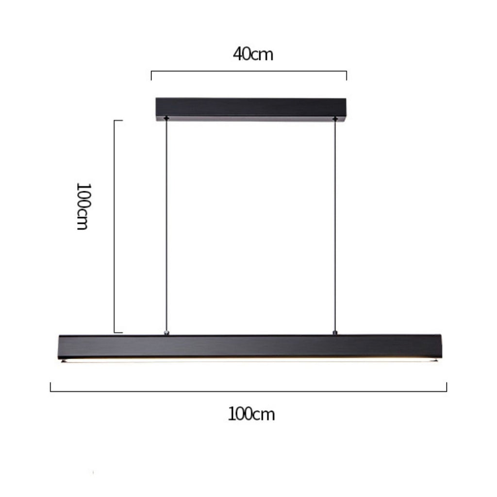 Minimalist black pendant light hanging from two thin wires, with labeled dimensions: 100 cm wide, hanging length 100 cm, and ceiling mount length 40 cm. The linear design is modern and sleek.