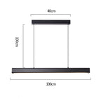 Minimalist black pendant light hanging from two thin wires, with labeled dimensions: 100 cm wide, hanging length 100 cm, and ceiling mount length 40 cm. The linear design is modern and sleek.