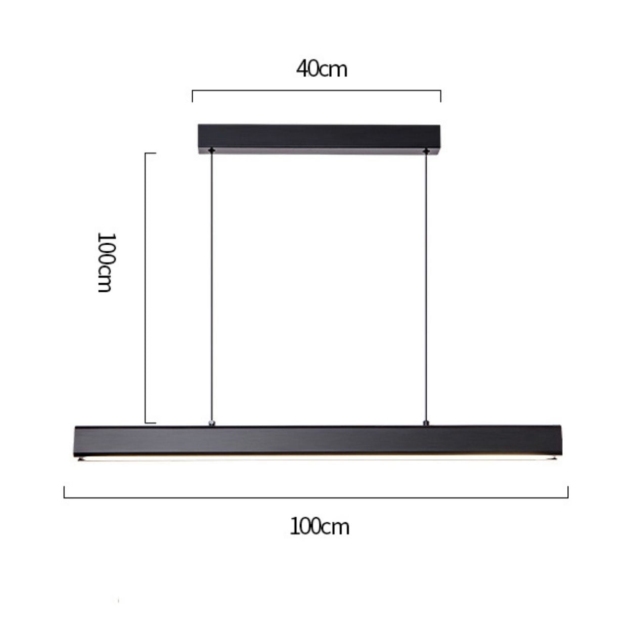 Minimalist black pendant light hanging from two thin wires, with labeled dimensions: 100 cm wide, hanging length 100 cm, and ceiling mount length 40 cm. The linear design is modern and sleek.
