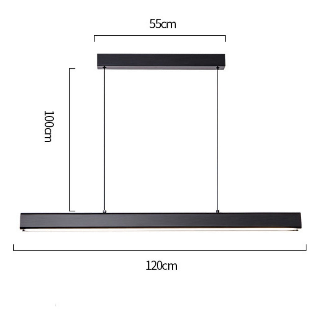 This black pendant light features a sleek linear bar, 120 cm wide, suspended by two cables from a 55 cm rectangular ceiling mount. With a total hanging height of 100 cm, it brings modern elegance to any space.