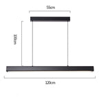 This black pendant light features a sleek linear bar, 120 cm wide, suspended by two cables from a 55 cm rectangular ceiling mount. With a total hanging height of 100 cm, it brings modern elegance to any space.