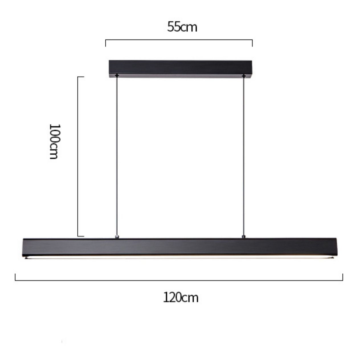 This black pendant light features a sleek linear bar, 120 cm wide, suspended by two cables from a 55 cm rectangular ceiling mount. With a total hanging height of 100 cm, it brings modern elegance to any space.